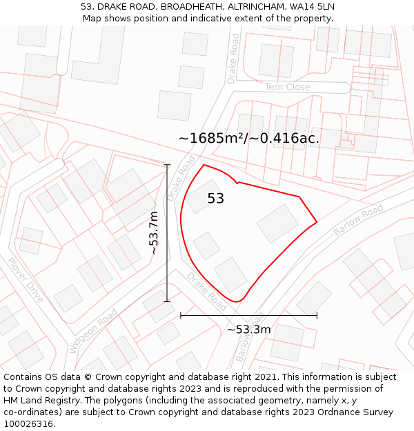 53, DRAKE ROAD, BROADHEATH, ALTRINCHAM, WA14 5LN: Plot and title map