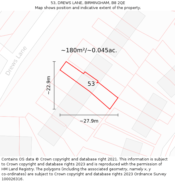 53, DREWS LANE, BIRMINGHAM, B8 2QE: Plot and title map