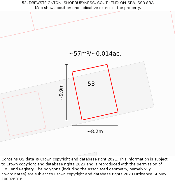 53, DREWSTEIGNTON, SHOEBURYNESS, SOUTHEND-ON-SEA, SS3 8BA: Plot and title map