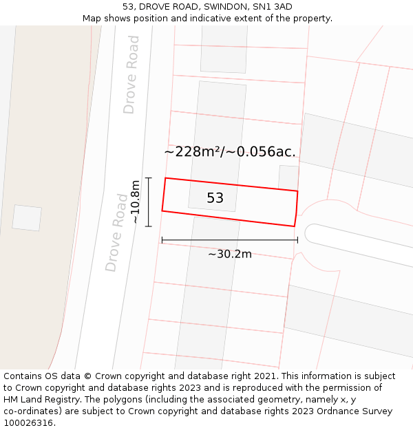 53, DROVE ROAD, SWINDON, SN1 3AD: Plot and title map
