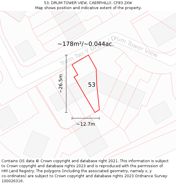 53, DRUM TOWER VIEW, CAERPHILLY, CF83 2XW: Plot and title map