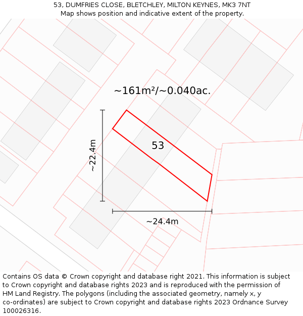 53, DUMFRIES CLOSE, BLETCHLEY, MILTON KEYNES, MK3 7NT: Plot and title map