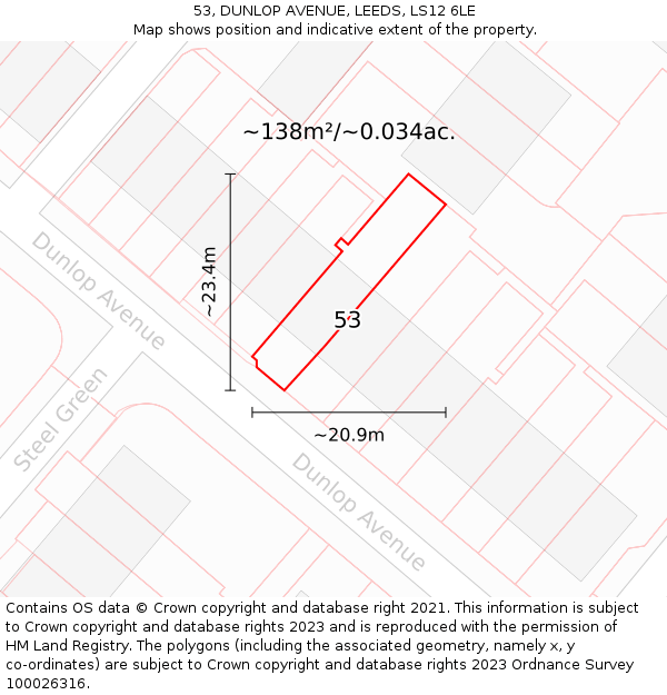 53, DUNLOP AVENUE, LEEDS, LS12 6LE: Plot and title map