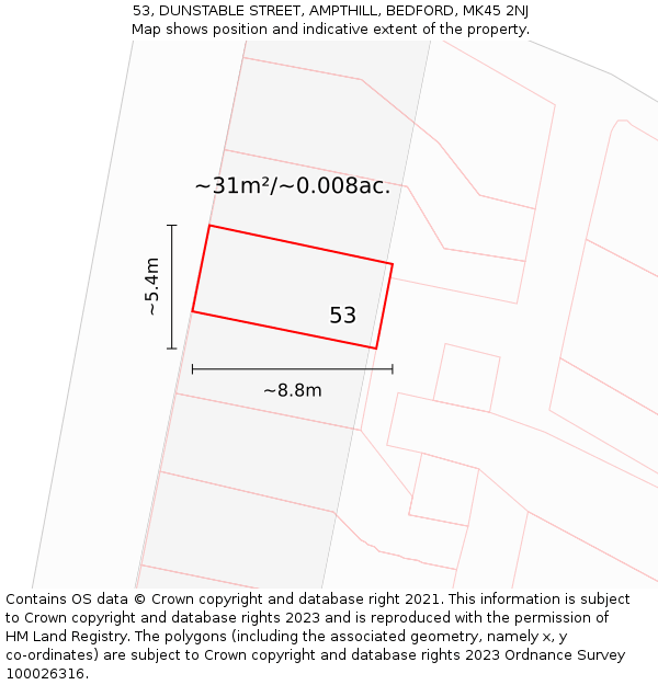 53, DUNSTABLE STREET, AMPTHILL, BEDFORD, MK45 2NJ: Plot and title map