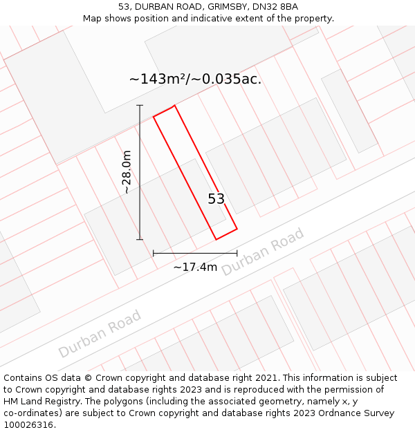 53, DURBAN ROAD, GRIMSBY, DN32 8BA: Plot and title map