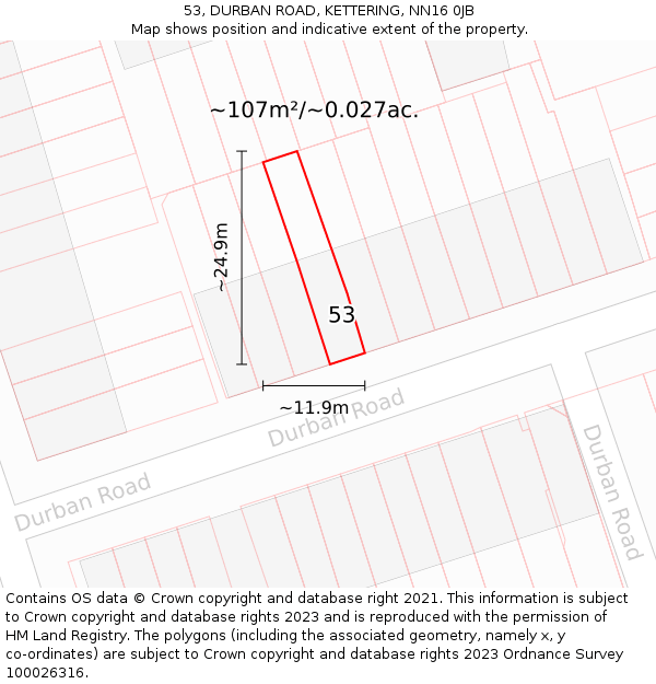 53, DURBAN ROAD, KETTERING, NN16 0JB: Plot and title map