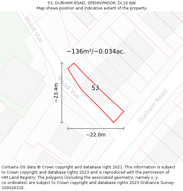 53, DURHAM ROAD, SPENNYMOOR, DL16 6JW: Plot and title map