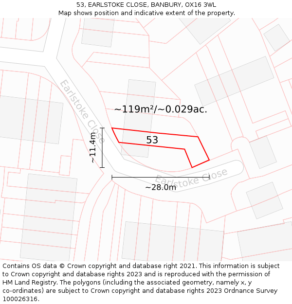 53, EARLSTOKE CLOSE, BANBURY, OX16 3WL: Plot and title map