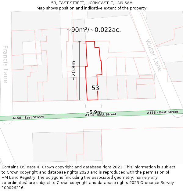 53, EAST STREET, HORNCASTLE, LN9 6AA: Plot and title map