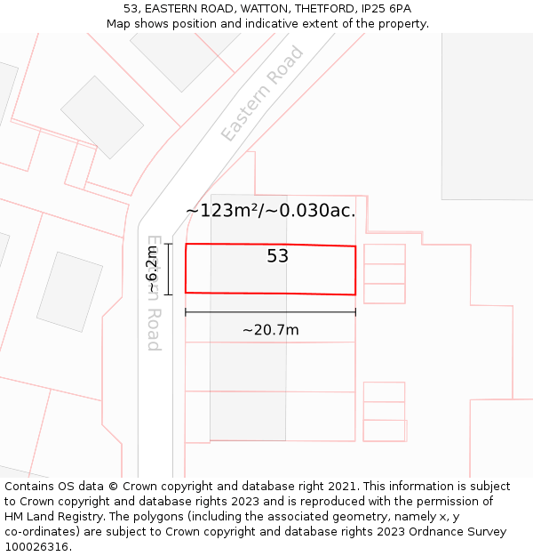 53, EASTERN ROAD, WATTON, THETFORD, IP25 6PA: Plot and title map