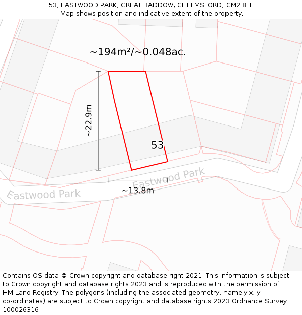 53, EASTWOOD PARK, GREAT BADDOW, CHELMSFORD, CM2 8HF: Plot and title map