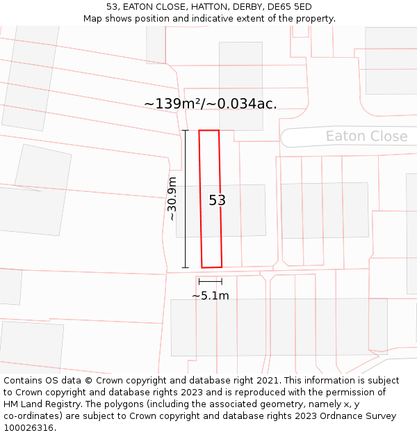 53, EATON CLOSE, HATTON, DERBY, DE65 5ED: Plot and title map