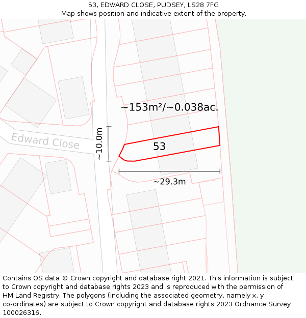 53, EDWARD CLOSE, PUDSEY, LS28 7FG: Plot and title map