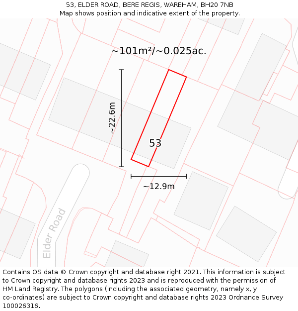 53, ELDER ROAD, BERE REGIS, WAREHAM, BH20 7NB: Plot and title map