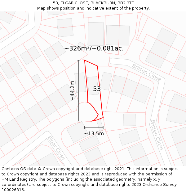 53, ELGAR CLOSE, BLACKBURN, BB2 3TE: Plot and title map