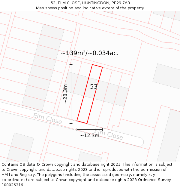 53, ELM CLOSE, HUNTINGDON, PE29 7AR: Plot and title map