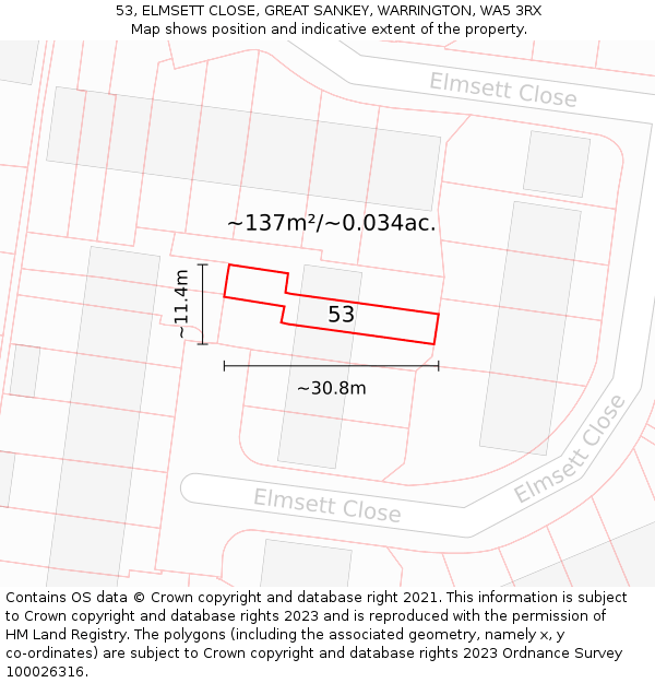 53, ELMSETT CLOSE, GREAT SANKEY, WARRINGTON, WA5 3RX: Plot and title map