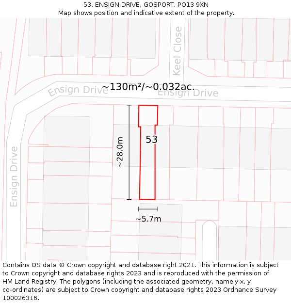 53, ENSIGN DRIVE, GOSPORT, PO13 9XN: Plot and title map