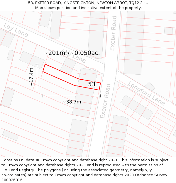 53, EXETER ROAD, KINGSTEIGNTON, NEWTON ABBOT, TQ12 3HU: Plot and title map