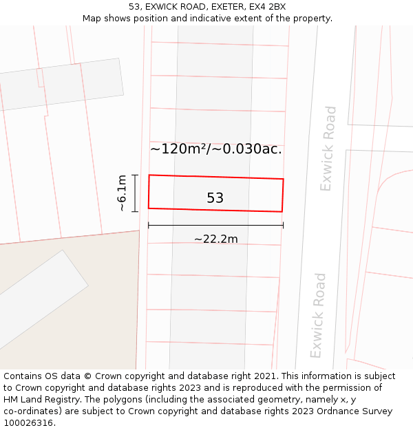 53, EXWICK ROAD, EXETER, EX4 2BX: Plot and title map