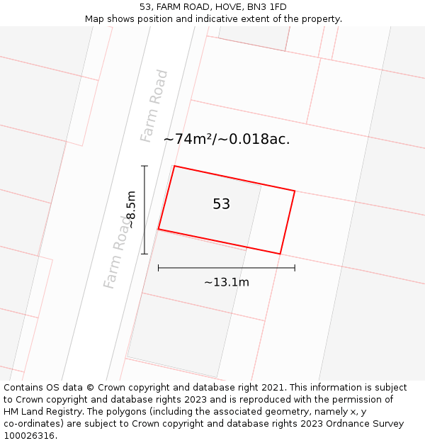 53, FARM ROAD, HOVE, BN3 1FD: Plot and title map