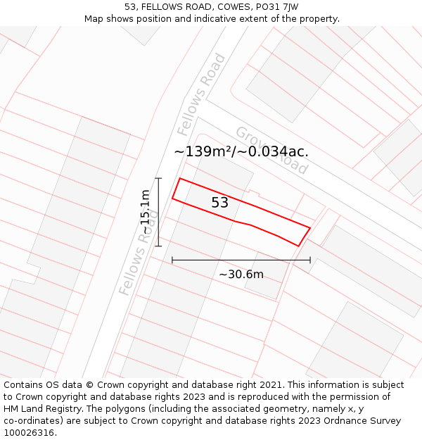 53, FELLOWS ROAD, COWES, PO31 7JW: Plot and title map