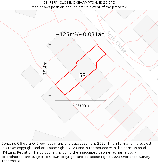 53, FERN CLOSE, OKEHAMPTON, EX20 1PD: Plot and title map