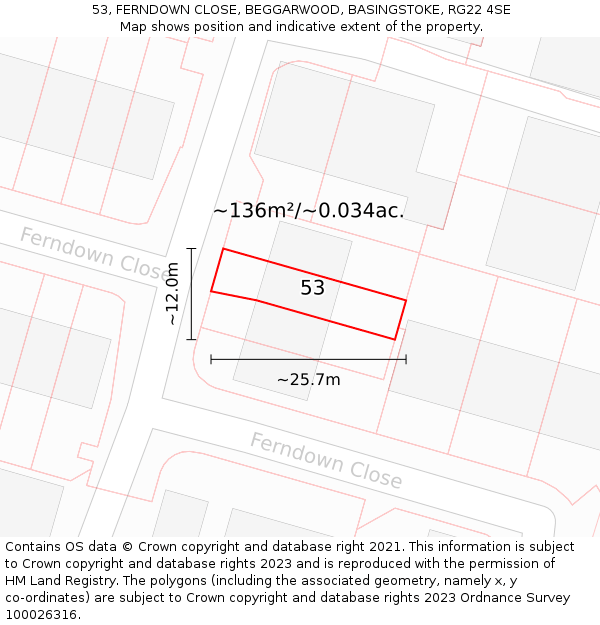 53, FERNDOWN CLOSE, BEGGARWOOD, BASINGSTOKE, RG22 4SE: Plot and title map