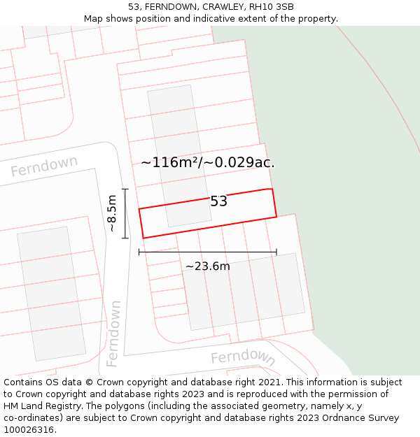 53, FERNDOWN, CRAWLEY, RH10 3SB: Plot and title map