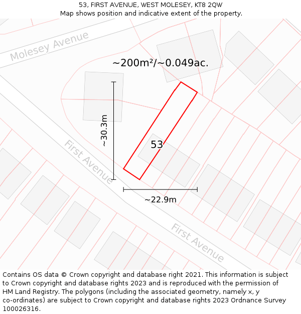 53, FIRST AVENUE, WEST MOLESEY, KT8 2QW: Plot and title map