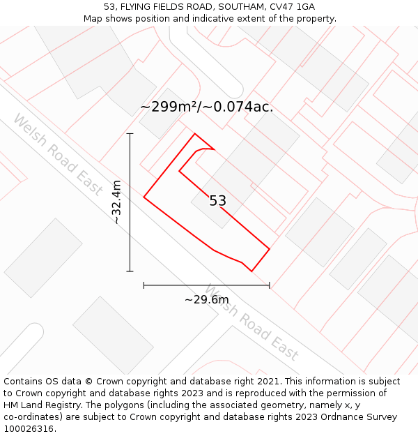 53, FLYING FIELDS ROAD, SOUTHAM, CV47 1GA: Plot and title map