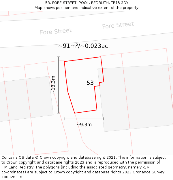 53, FORE STREET, POOL, REDRUTH, TR15 3DY: Plot and title map
