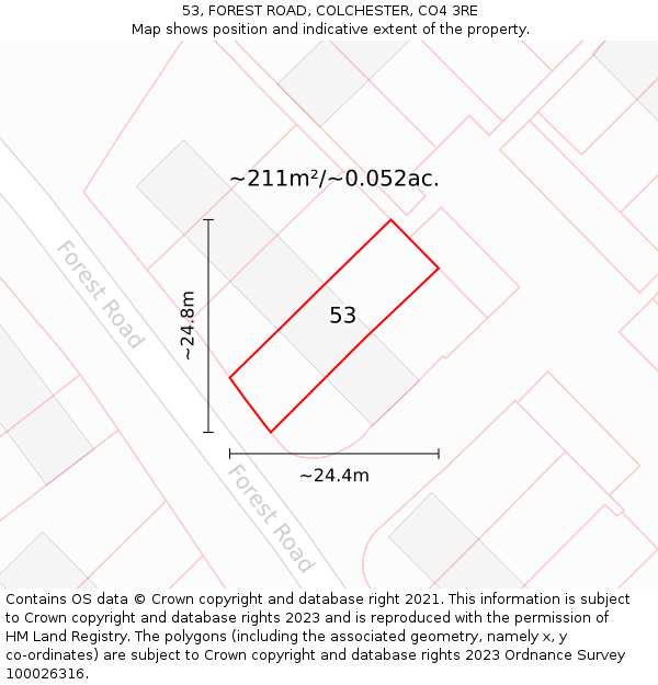 53, FOREST ROAD, COLCHESTER, CO4 3RE: Plot and title map