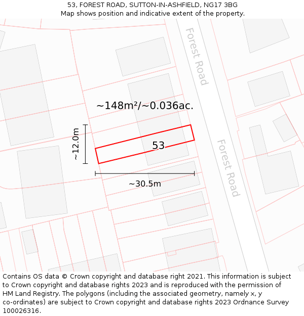 53, FOREST ROAD, SUTTON-IN-ASHFIELD, NG17 3BG: Plot and title map