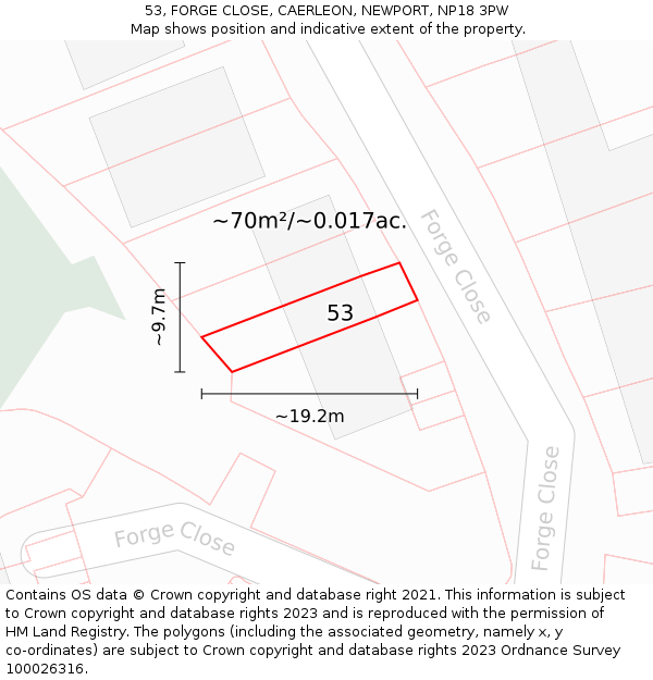 53, FORGE CLOSE, CAERLEON, NEWPORT, NP18 3PW: Plot and title map