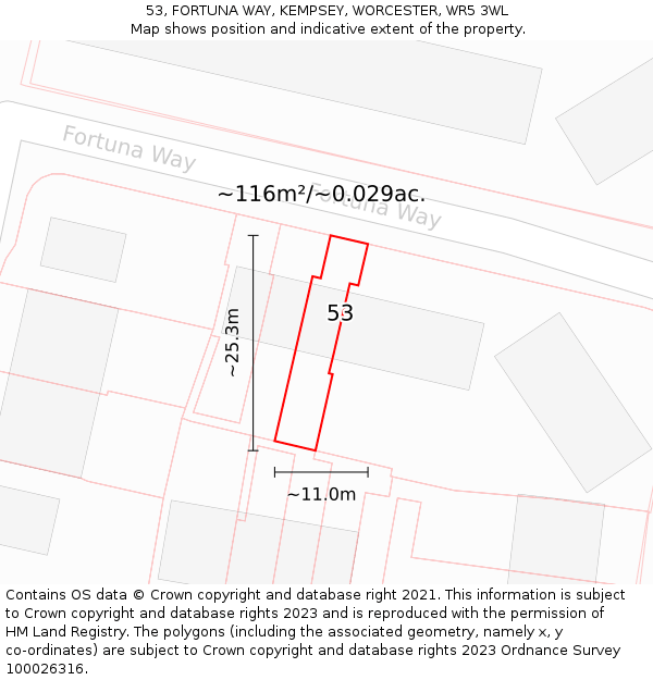 53, FORTUNA WAY, KEMPSEY, WORCESTER, WR5 3WL: Plot and title map