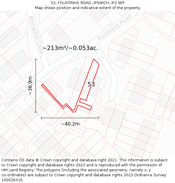 53, FOUNTAINS ROAD, IPSWICH, IP2 9EF: Plot and title map