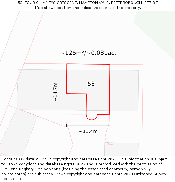 53, FOUR CHIMNEYS CRESCENT, HAMPTON VALE, PETERBOROUGH, PE7 8JF: Plot and title map