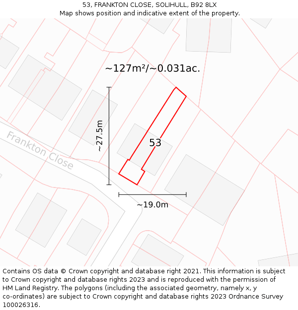 53, FRANKTON CLOSE, SOLIHULL, B92 8LX: Plot and title map