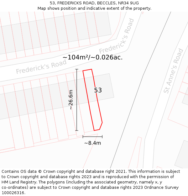 53, FREDERICKS ROAD, BECCLES, NR34 9UG: Plot and title map