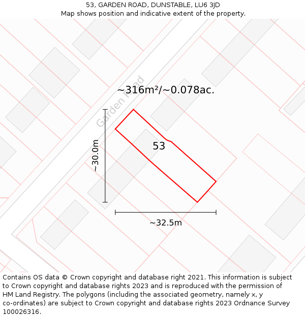 53, GARDEN ROAD, DUNSTABLE, LU6 3JD: Plot and title map
