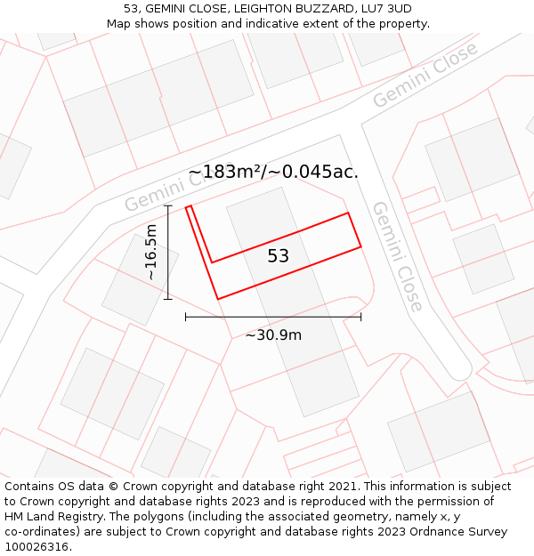 53, GEMINI CLOSE, LEIGHTON BUZZARD, LU7 3UD: Plot and title map