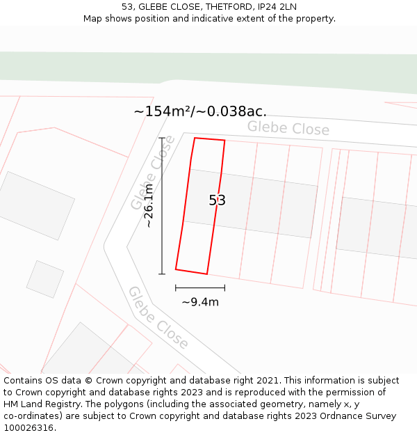 53, GLEBE CLOSE, THETFORD, IP24 2LN: Plot and title map