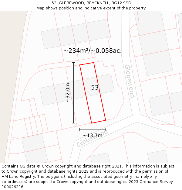 53, GLEBEWOOD, BRACKNELL, RG12 9SD: Plot and title map