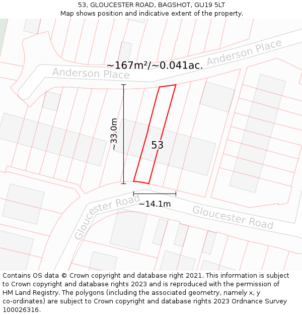 53, GLOUCESTER ROAD, BAGSHOT, GU19 5LT: Plot and title map