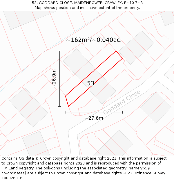 53, GODDARD CLOSE, MAIDENBOWER, CRAWLEY, RH10 7HR: Plot and title map