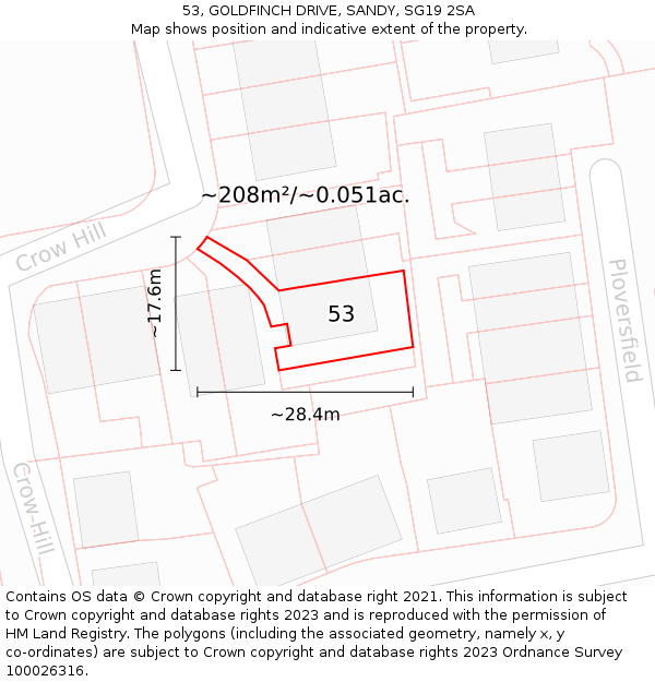 53, GOLDFINCH DRIVE, SANDY, SG19 2SA: Plot and title map