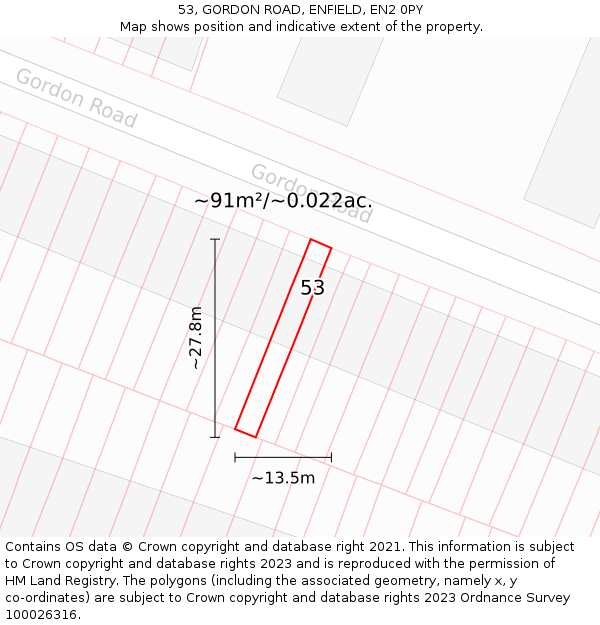 53, GORDON ROAD, ENFIELD, EN2 0PY: Plot and title map