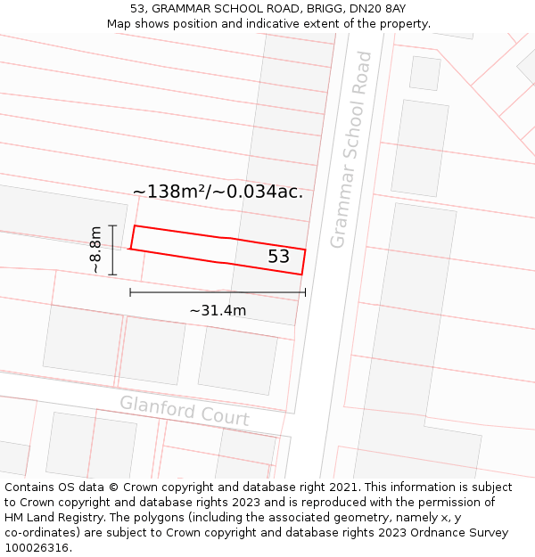 53, GRAMMAR SCHOOL ROAD, BRIGG, DN20 8AY: Plot and title map