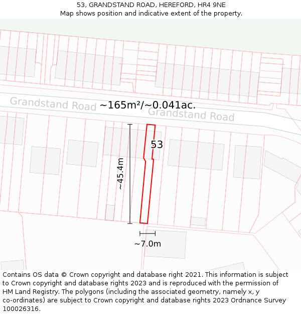 53, GRANDSTAND ROAD, HEREFORD, HR4 9NE: Plot and title map